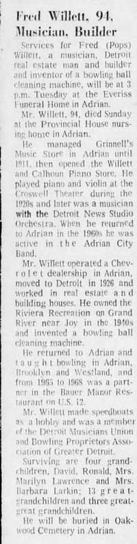 Riviera Recreation - Apr 19 1977 Fred Willett Passes Away